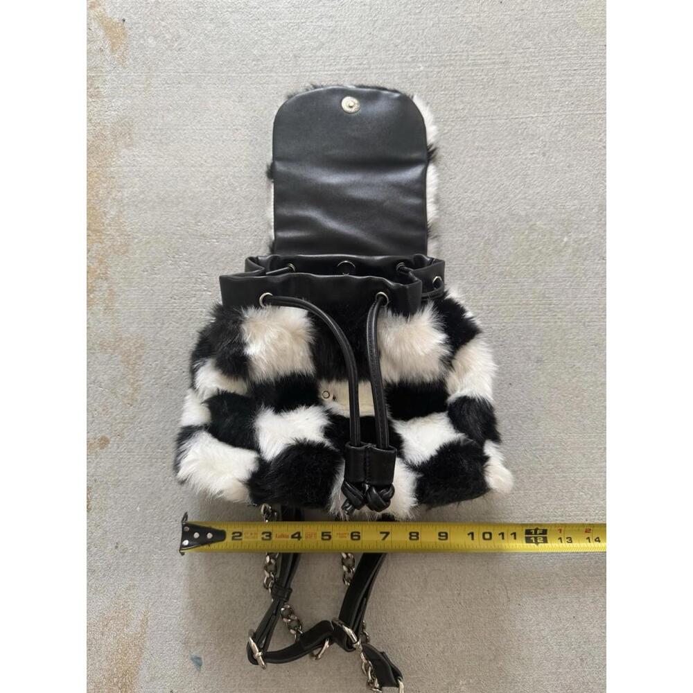 Current Mood Checkerboard Fur Mini Chain Leather Backpack Purse | Rave - Picture 8 of 9
